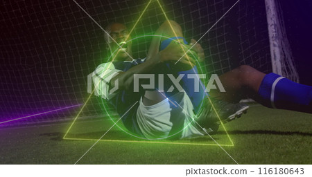 Image of neon shapes over african american male soccer player 116180643