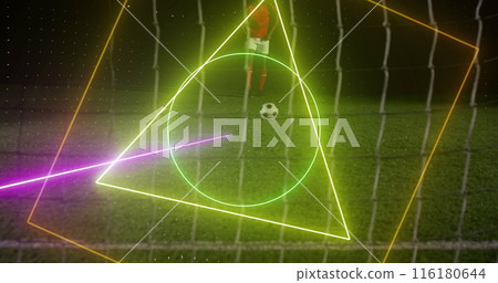 Image of neon shapes over african american male soccer player 116180644