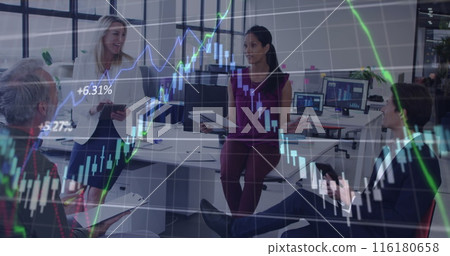 Financial data processing against diverse office colleagues discussing together at office 116180658