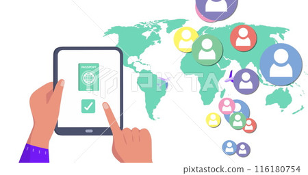 Image of world map and media icons over hands using tablet 116180754