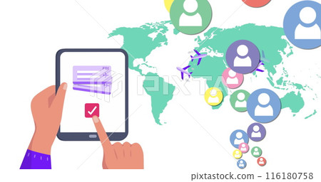 Image of world map and media icons over hands using tablet 116180758