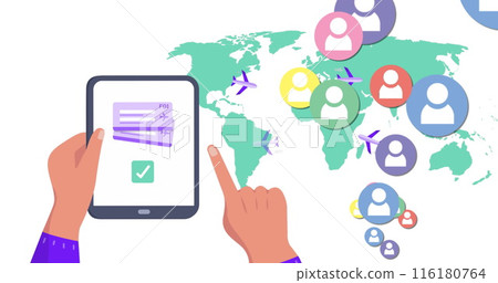 Image of world map and media icons over hands using tablet 116180764