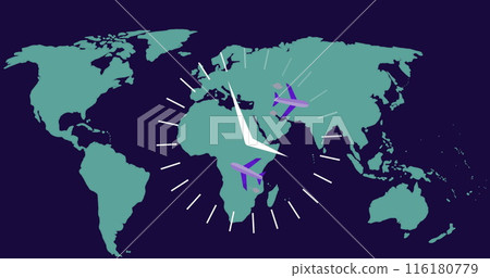 Image of clock moving over planes and world map Image of clock moving over planes and world map 116180779