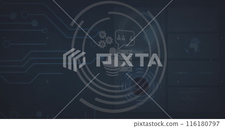 Image of icons and red lines appearing over numbers changing on black background Image of icons and red lines appearing over numbers changing on black background 116180797