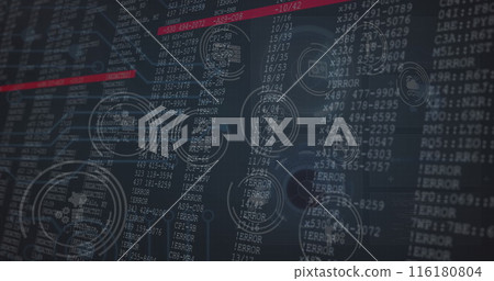 Image of icons and red lines appearing over numbers changing on black background Image of icons and red lines appearing over numbers changing on black background 116180804