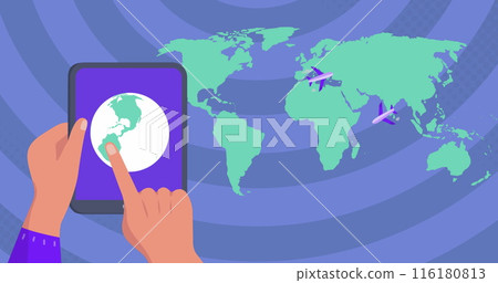 Image of world map over hands using tablet Image of world map over hands using tablet 116180813