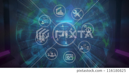 Image of network of connections with icons over globe 116180825