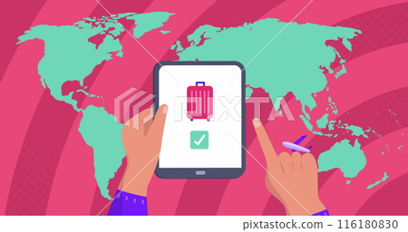 Image of world map over hands using tablet Image of world map over hands using tablet 116180830
