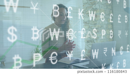 Image of data processing and currency symbols over biracial woman using laptop Image of data processing and currency symbols over biracial woman using laptop 116180843