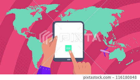 Image of world map over hands using tablet Image of world map over hands using tablet 116180848