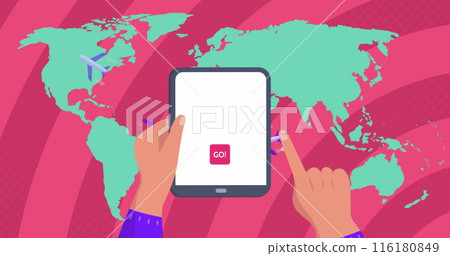 Image of world map over hands using tablet Image of world map over hands using tablet 116180849