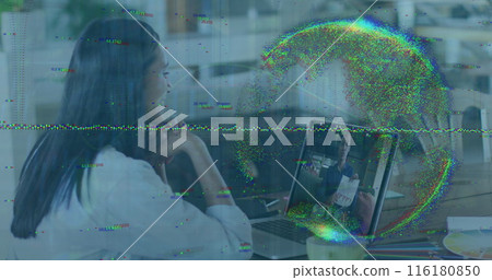Image of data processing and globe over biracial woman using laptop 116180850