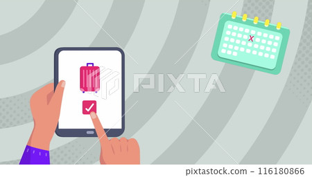 Image of travel icons over hands using tablet Image of travel icons over hands using tablet 116180866