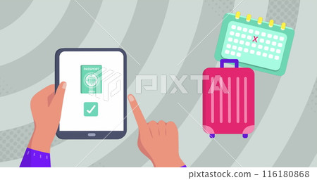 Image of travel icons over hands using tablet 116180868