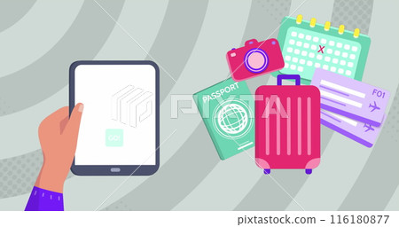 Image of travel icons over hands using tablet Image of travel icons over hands using tablet 116180877