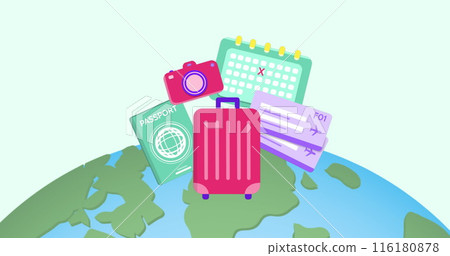 Image of travel icons over globe 116180878