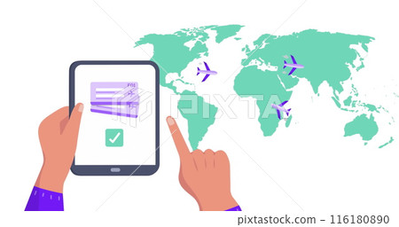 Image of world map over hands using tablet 116180890