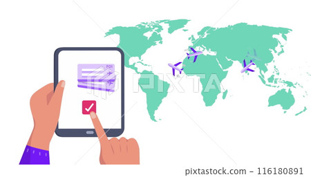 Image of world map over hands using tablet Image of world map over hands using tablet 116180891