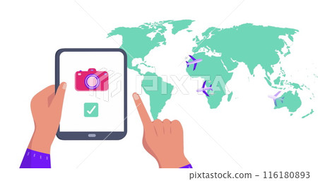 Image of world map over hands using tablet 116180893