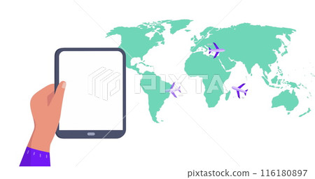 Image of world map over hands using tablet 116180897
