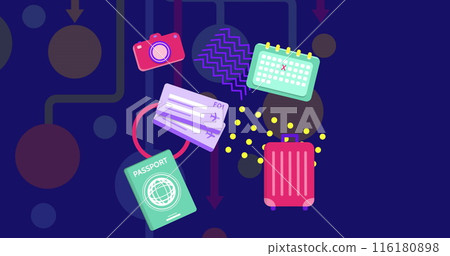 Image of travel icons and shapes on blue background Image of travel icons and shapes on blue background 116180898