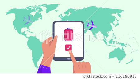 Image of world map over hands using tablet Image of world map over hands using tablet 116180915