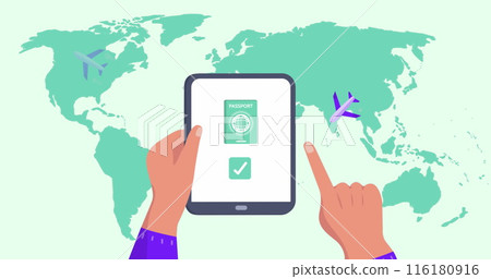 Image of world map over hands using tablet Image of world map over hands using tablet 116180916