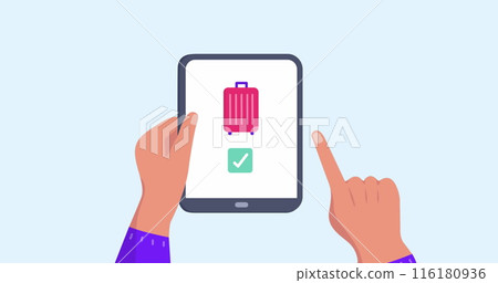 Image of hands using tablet with travel icons Image of hands using tablet with travel icons 116180936