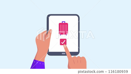 Image of hands using tablet with travel icons Image of hands using tablet with travel icons 116180939