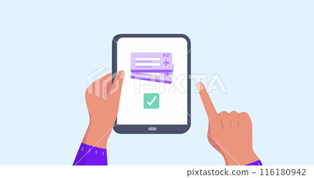 Image of hands using tablet with travel icons 116180942