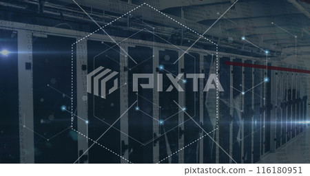 Image of network of connections and data processing over moving columns 116180951