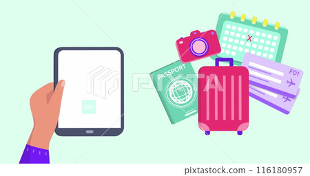 Image of travel icons over hands using tablet Image of travel icons over hands using tablet 116180957