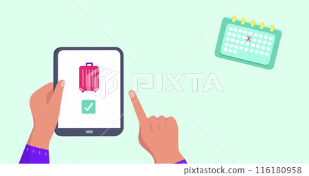 Image of travel icons over hands using tablet Image of travel icons over hands using tablet 116180958