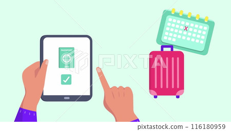 Image of travel icons over hands using tablet Image of travel icons over hands using tablet 116180959