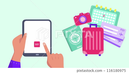 Image of travel icons over hands using tablet Image of travel icons over hands using tablet 116180975