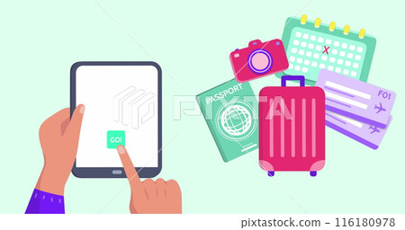 Image of travel icons over hands using tablet Image of travel icons over hands using tablet 116180978