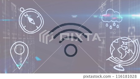 Image of shapes and media icons over gray background Image of shapes and media icons over gray background 116181028