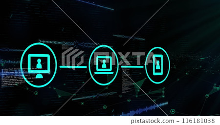 Image of data processing and media icons over black background 116181038