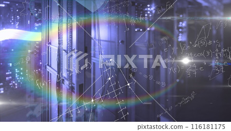 Image of mathematical equations and data processing against rainbow lens flare over server room Image of mathematical equations and data processing against rainbow lens flare over server room 116181175