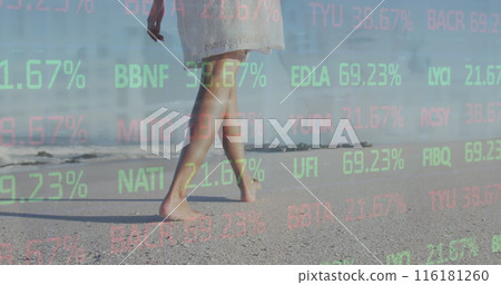 Image of trading board over low section of african american woman walking on beach Image of trading board over low section of african american woman walking on beach 116181260