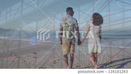 Image of hud interface, low angle view of bridge, african american couple walking at beach Image of hud interface, low angle view of bridge, african american couple walking at beach 116181263