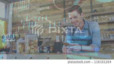 Image of infographic interface over smiling male barista using smartphone at coffee shop Image of infographic interface over smiling male barista using smartphone at coffee shop 116181264