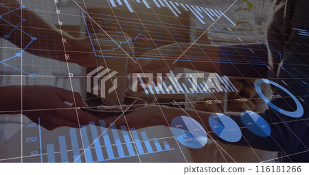 Image of financial data processing with statistics over woman holding cup of coffee Image of financial data processing with statistics over woman holding cup of coffee 116181266