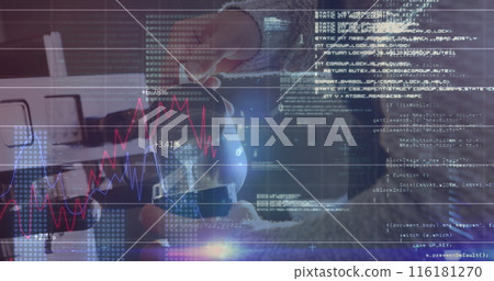 Image of graph, binary codes, computer language over cropped hand of barista pouring milk in cup Image of graph, binary codes, computer language over cropped hand of barista pouring milk in cup 116181270