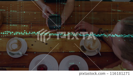 Image of financial data processing with statistics over woman holding payment terminal Image of financial data processing with statistics over woman holding payment terminal 116181271