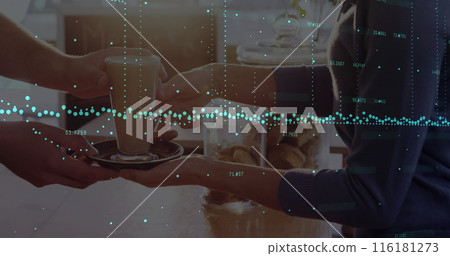 Image of green sports with data processing over woman getting coffee in coffee shop 116181273