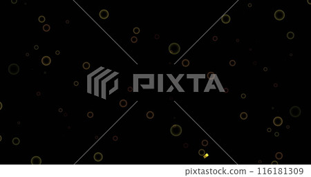 Image of confetti falling and circles pattern moving on black background Image of confetti falling and circles pattern moving on black background 116181309