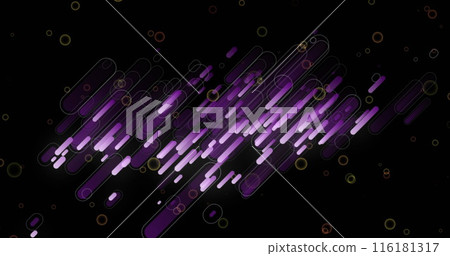 Image of purple light trails and circles pattern moving on black background 116181317