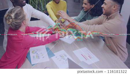 Image of data processing over team of diverse colleagues stacking their hands together at office 116181322