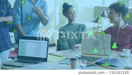 Image of network of connections with icons over diverse business people working at office 116181330